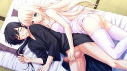 1boy ass black_hair blonde_hair blue_eyes blush breasts censored cleavage closed_eyes cygnus female futon game_cg garter_belt handjob japanese_clothes kikouyoku_senki_gin_no_toki_no_corona:_fortune_dragon's long_hair looking_down lying male mosaic_censoring murial odagiri_touka on_side open_mouth penis pillow smile spooning stockings thighhighs