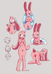 4_fingers all_fours anthro blue_eyes breasts crossed_arms eyelashes featureless_feet feet female fingers fur genitals grey_background hi_res lagomorph leporid lilidae long_ears looking_down mammal nipples nude pink_body pink_fur pink_tail pussy rabbit scut_tail short_tail signature simple_background sky solo standing tail teeth