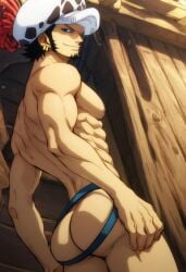 abs ai_generated ass back bara biceps black_hair gay jockstrap jockstrap_only looking_at_viewer looking_back male male_only muscular muscular_male nipples one_piece pecs smile toned_body toned_male trafalgar_law twall97