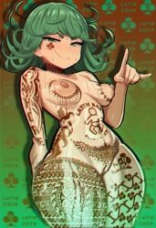 ai_generated areolae bronzed edit edited green_eyes green_hair interracial nude nude_female one-punch_man puffy_pussy pussy queen_of_clubs raceplay short_hair shortstack simple_background small_breasts smile spiced tatsumaki tattoo tattoos thick_thighs wet_skin