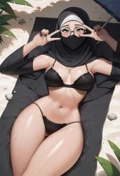 ai_generated ass_visible_through_thighs beach beach_towel bikini bikini_bottom bikini_top black_bikini black_bra black_nails blush circular_glasses civitai double_peace_sign face_covered face_mask female female_only glasses green_eyes hijab hijabi ihatethemic jewelry looking_at_viewer lying_on_back mask masked masked_female muslim muslim_female necklace original_character painted_nails peace_sign round_glasses solo solo_female solo_focus sweat sweating sweaty swimsuit swimwear tagme thick_thighs thigh_gap umbrella wearing_glasses