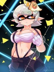 1girls alternate_costume artist_name black_pants black_suspenders breasts cleavage hair hair_ornament inkling inkling_girl marie_(splatoon) marie_(summer_nights) mole mole_under_eye navel official_alternate_costume pointy_ears sautencrer short_hair solo solo_female solo_focus splatfest splatoon splatoon_(series) splatoon_3 summer_nights_splatfest suspenders suspenders_pull tentacle tentacle_hair