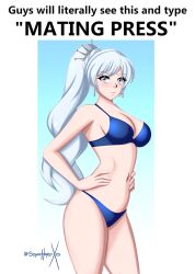 1girls armpits big_breasts bikini blue_bikini blue_eyes breasts busty cleavage earrings female female_only hands_on_hips long_hair long_ponytail looking_at_viewer meme navel pale-skinned_female pale_skin ponytail pose posing rich_girl rwby sideboob silver_eyes small_breasts sonicheroxd teenage_girl teenager text voluptuous weiss_schnee white_hair