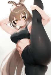 ai_generated ameanon brown_hair gym_uniform hololive hololive_english hololive_english_-council- hololive_english_-promise- leggings medium_breasts nanashi_mumei navel sports_bra sportswear stretching sweat thick_thighs virtual_youtuber vtuber yoga_pants