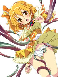 blonde_hair blush bow clothing cure_pine dress female fresh_precure! heart homing_(areya) magical_girl open_mouth panties precure pretty_cure short_hair simple_background small_breasts solo tentacle underwear white_background white_panties yamabuki_inori yellow_eyes