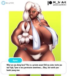 1girls african african_female bbw chubby chubby_female dark-skinned_female dark_skin digital_media_(artwork) earrings female female_only gilf large_breasts lipstick m_jr_art mature mature_female old_woman pokemon pokemon_sv pubic_hair ryme_(pokemon) thick_thighs towel_around_neck white_hair