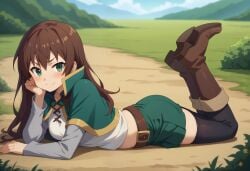 1girls ai_generated blush boots brown_hair clothed clothed_female female female_only genderswap_(mtf) green_eyes kono_subarashii_sekai_ni_shukufuku_wo! laying_on_ground long_hair looking_at_viewer rule_63 satou_kazuma smile smiling_at_viewer thighhighs