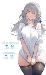 ai_generated big_breasts black_legwear black_stockings covering covering_pussy gray_hair honkai:_star_rail legwear looking_at_viewer pulling_shirt_down seductive seductive_look seductive_smile setsumanga shirt shirt_tug silver_hair simple_background smile smiling stelle_(honkai:_star_rail) stockings t-shirt white_background white_shirt white_t-shirt yellow_eyes