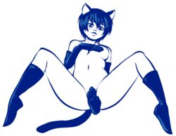 1girls animal_ears blue blue_eyes blue_hair blush boots breasts cat_ears cat_tail covering covering_breasts covering_crotch daspyorno elbow_gloves female gloves kemonomimi_mode monochrome navel nude persona persona_4 shirogane_naoto short_hair solo spread_legs white_background