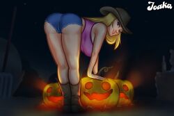 1girls 2d 2d_(artwork) ass bending_forward bending_over bent_over big_ass blonde_hair blonde_hair blue_eyes cameltoe clothed clothing curvaceous curves curvy curvy_body curvy_female curvy_figure digital_drawing_(artwork) digital_media_(artwork) female female_focus female_only halloween hat headwear jean_shorts joakadraws leaning leaning_forward light-skinned_female light_skin long_hair looking_at_viewer pose posing presenting presenting_ass pumpkin pumpkins pussy pussy_lips roxxy_(summertime_saga) shorts smile smiling solo solo_focus summertime_saga tank_top thick_ass thick_thighs vagina