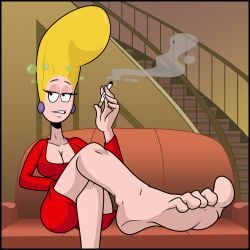 2d barefoot beehive_hairdo blonde_hair cigarette couch dress earrings feet female foot_fetish foot_focus full_color fully_clothed holding_cigarette jewelry mature_woman milf nasiri_(artist) no_penetration pickles_oblong red_dress sitting_on_couch smoke smoker smoking solo solo_female the_oblongs