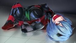 2021 2d 2d_(artwork) blue_hair bondage bondage bound drawfagmona female female_focus female_only gag gagged latex light-skinned_female light_skin looking_at_viewer neon_genesis_evangelion on_back on_floor red_eyes rei_ayanami tape tape_gag