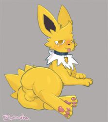 2023 artist_name ass big_ears blep blue_collar blush collar colored digital_drawing_(artwork) digital_media_(artwork) eeveelution feral feral_only generation_1_pokemon hi_res jolt_(wm149) jolteon looking_at_viewer lying male nintendo on_side orange_eyes paws pokemon pokemon_(species) rear_view shaded signature solo tongue tongue_out zakiredlight