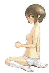 1girls artist_request ass breasts brown_hair butt_crack female green_eyes kino kino_no_tabi kneehighs kneeling kneesocks looking_at_viewer nude panties short_hair simple_background small_breasts socks solo topless underwear