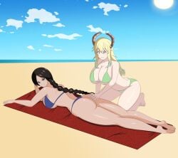 2girls anoneysnufftan aphrodite aphrodite_(god_of_war) applying_sunscreen beach beach_towel bikini blonde_hair braided_hair brown_hair edasbild embarrassed female female_only god_of_war greek_mythology horns humiliation imminent_death killer_lotion long_hair massage miss_kobayashi's_dragon_maid murder ocean peril punishment quetzalcoatl_(dragon_maid) rubbing sand seaside sky snuff summer sunbathing swimsuit towel