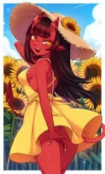 1girls cute dress female female_focus female_only hat horns imminent_rape large_breasts looking_at_viewer looking_back meru_(merunyaa) merunyaa no_bra no_panties outside reaching_out red_skin succubus sun_hat sundress sunflower wholesome yellow_dress yellow_eyes