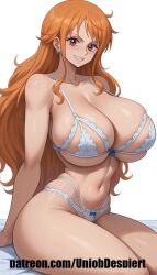 1girls ai_generated breasts female female_only huge_breasts lingerie nami nami_(one_piece) one_piece post-timeskip self_upload smile solo thighs underwear unjobdespiert white_panties