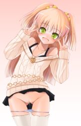 blonde_hair blush censored doburoku_(daiginjou) double_v green_eyes idolmaster jougasaki_rika looking_at_viewer panty_pull pussy pussy_juice pussy_juice_trail solo sweater thighhighs