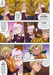 1boy 2girls amity_blight blonde_hair blush cheating cheating_girlfriend comic comic_page dialogue embarrassed english_text fully_clothed fully_clothed_female handjob hunter_(the_owl_house) light-skinned_female light-skinned_male light_purple_hair magenta_eyes orientation_play page_22 penis penis_out ruddyrzaq text the_amiter_secret the_owl_house vee_(the_owl_house) vee_(the_owl_house)_(human) yellow_eyes