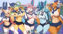 5girls anthro anthro_only belly belly_button blush breasts burgerkiss charizard female female_only fur glaceon leafeon lucario no_humans pokemon pokemon_(species) school_uniform schoolgirl spinda sylveon zoroark