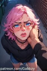 ai_generated angry black_hoodie blackmail blue_eyes braces choker crying denim_shorts femboy futanari gabbzy gay glasses library pink_hair reading