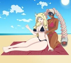 2girls anoneysnufftan applying_sunscreen arms_(game) beach beach_towel bikini blonde_hair blue_eyes crossover dark-skinned_female dark_skin eastern_and_western_character edasbild embarrassed female female_only freya_(smite) headdress humiliation imminent_death killer_lotion long_hair mask massage murder nintendo norse_mythology ocean peril punishment rubbing sand seaside silver_hair sky smite snuff summer sunbathing swimsuit towel twintelle wrestling_mask