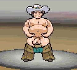 1boy animated balls bara battle belly big_belly big_pecs big_penis body_hair chest_hair chubby chubby_male clay_(pokemon) cowboy cowboy_hat doctorhiruluk fat fat_belly fat_male flaccid_penis game_cg game_ui grabbing_belly large_pectorals loop male male_only man_boobs manboobs mature_male moobs muscular muscular_male no_sound older_male pants_down pants_pulled_down pecs penis pixel_animation pixel_art pokemon pokemon_battle pokemon_bw tagme video