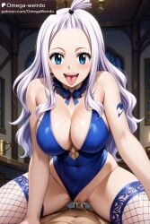 1boy 1girls ai_generated blue_eyes cum fairy_tail female fishnets indoor indoors_sex leotard long_hair male mature_female mirajane_strauss omega-weirdo patreon sex straddling tattoo white_hair