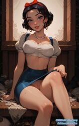 1girls ai_fingers ai_generated artist_name black_hair blue_eyes disney disney_princess female_only hairbow hoop_earrings looking_at_viewer no_panties pearl_necklace pussy short_hair skirt_lift snow_white_(disney) snow_white_and_the_seven_dwarfs solo_female web_address