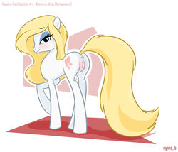 animaniacs anus blonde_hair blush cutie_mark earth_pony english_text equine eyeshadow female feral fur hair half-closed_eyes horse looking_at_viewer makeup mammal minerva_mink my_little_pony ponified pony pussy shaded simple_background solo syoee_b text white_fur