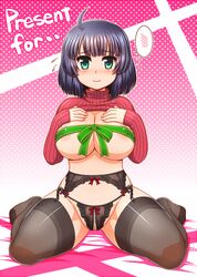 aqua_eyes blush breasts crotchless female garter_belt gift looking_at_viewer original panties present pubic_hair purple_hair pussy ribbon shirt_lift smile solo soubee1 sweater uncensored underwear