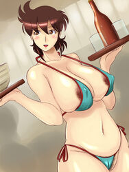 ajiyoshi_noriko areolae bikini blush bottle breasts brown_eyes brown_hair female huge_breasts ibuki_rinji large_breasts milf mister_ajikko pubic_hair solo swimsuit waitress