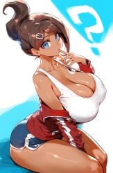 1girls ? ai_generated arched_back asahina_aoi bimbo blue_eyes breasts brown_hair cleavage clueless confused confusion danganronpa danganronpa:_trigger_happy_havoc dark-skinned_female dark_skin dumb_girl female female_only finger_to_mouth from_above hair_ornament hand_between_legs hand_to_own_mouth huge_breasts looking_at_viewer looking_up ponytail short_shorts sitting solo tank_top thick_thighs thighs track_jacket wide_eyed