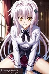 1girl1boy ai_generated cheating female hair_ornament high_school_dxd koneko_toujou long_hair long_sleeves looking_at_viewer omega-weirdo patreon pov school_uniform skirt smile straddling white_hair yellow_eyes