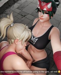1futa 1girls 3d ai_generated blonde_hair blowjob bra english_text fellatio female futa_on_female futanari green_hair hung_futa intersex kiriko_(overwatch) large_penis light-skinned_female light-skinned_futa light_skin mercy overwatch overwatch_2 penis ponytail pubic_hair selfie snapchat sports_bra