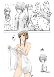 1futa 1girls blush breasts bulge clothed clothing comic dialogue duo english_text female flustered fully_clothed futanari human mostly_nude nut-chan partially_colored shower standing text thai_text towel wavy_mouth wet xter xtermination