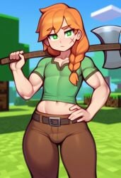 ai_generated alex_(minecraft) axe braided_hair brown_pants bulge eyelashes girly grass green_eyes green_shirt hand_on_hip midriff minecraft nai_diffusion orange_hair raised_eyebrow rule_63 scar scar_on_face solo thick_thighs toned tree wide_hips