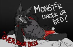 anthro bed bulge claws clothing creepy furniture grey_(foleyfx) harness hi_res jockstrap male monster monster_under_your_bed mr.brapion skinny smile solo underwear