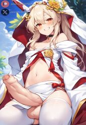 1futa ai_generated ayanami_(azur_lane) azur_lane balls big_penis blonde_hair blush clothed cock dickgirl erection foreskin from_below futa_only futanari huge_cock light-skinned_futanari light_skin looking_at_viewer outdoors penis precum red_eyes roxygtf short_hair small_breasts smug smug_face solo viewed_from_below