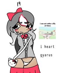 black_eyes embarrassed grey_hair grey_shirt gyaru half-dressed kogal kogal_gyaru makeup meme meme_in_the_background nineteen_(numberblocks) numberblocks panties questionable red_panties red_skirt skirt_down sweat sweating