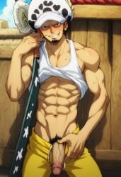 abs ai_generated balls bara biceps big_balls big_penis black_hair blush gay hand_on_penis looking_at_viewer male male_only muscular muscular_male one_piece penis smile toned_body toned_male trafalgar_law twall97