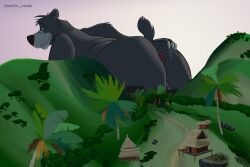 anthro anus ass balls baloo bear big_butt claws doodle_dot_inc finger_claws fur genitals grey_body grey_fur hand_on_butt head_tuft hi_res hill huge_butt hut looking_back macro male mammal obese obese_anthro obese_male overweight overweight_anthro overweight_male palm_tree plant presenting presenting_anus raised_tail shaded sloth_bear solo tail the_jungle_book tree tuft ursine valley