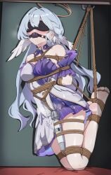 absurdres arms_behind_back ball_gag barefoot blindfold blue_hair blush bondage bondage bondage bound box_tie breasts crotch_rope crying dress earrings female_ejaculation female_orgasm forced_orgasm gag halo head_wings highres hitachi_magic_wand honkai:_star_rail honkai_(series) jewelry long_hair medium_breasts mimoun orgasm restrained robin_(honkai:_star_rail) rope rope_belt saliva sex_toy soles stationary_restraints vibrator vibrator_over_clothes white_dress wings