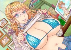 bikini bikini_top_only blonde_hair bookshelf breasts breasts_focus clothes_lift colorized cross dress dress_lift galko glasses green_eyes huge_breasts jewelry large_breasts long_hair looking_at_viewer mole mole_on_breast mole_on_stomach mole_under_eye necklace open_mouth oshiete!_galko-chan painting_(object) pearl_necklace purple_nails room sitting smile suzuki_ken'ya sweater tagme wavy_hair