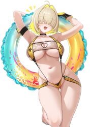 1girls abp_art abpart absurdres ahoge armband arms_up bare_legs bare_shoulders black_choker black_slingshot_swimsuit blonde_hair blue_nails blush breasts choker cleavage cleavage_cutout clothing_cutout collarbone colored_inner_hair commentary dot_nose elegg_(boom_and_shock)_(nikke) elegg_(nikke) female foot_up game_controller_print gloves gluteal_fold goddess_of_victory:_nikke groin hair_intakes hair_over_eyes highres holding holding_swim_ring innertube large_breasts looking_at_viewer medium_hair multicolored_hair nail_polish navel o-ring o-ring_swimsuit one-piece_swimsuit open_mouth pink_eyes see-through_clothes see-through_slingshot_swimsuit shiny_clothes simple_background slingshot_swimsuit smile solo standing standing_on_one_leg stomach swim_ring swimsuit thigh_gap thighs toenail_polish toenails toes underboob white_background yellow_gloves yellow_one-piece_swimsuit yellow_slingshot_swimsuit yellow_swimsuit