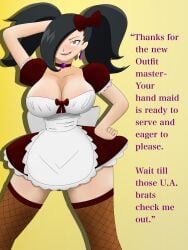 absurdres big_breasts bimbo bimbofied bimboification boku_no_hero_academia cleavage corruption domestication femsub grin heart heart_eyes maid maid_headdress maid_uniform momo_yaoyorozu my_hero_academia smile spiral_eyes syas-nomis symbol_in_eyes text