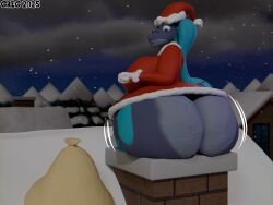 3d 3d_(artwork) amphibian anthro ass ass_bigger_than_head ass_bigger_than_torso big_ass big_butt blender blender_cycles chimney christmas fae_(greg) female furry greg_(artist) holidays huge_ass huge_butt hyper hyper_ass hyper_butt motion_lines multicolored_body newt night_sky oc original_character sack santa_costume santa_dress santa_hat sideboob snow solo stuck stuck_in_chimney wide_hips winter