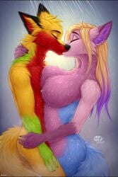 ai_generated big blonde_hair blue_underbelly breasts brother brother_and_sister duo female fox fox_boy fox_girl green_accents hugging incest intraspecies kissing long_hair male male/female mammal naked nude original original_character purple_accents purple_hair red_underbelly romantic_couple shower sibling siblings sister three_tone_fur two_tone_hair yellow_fur