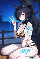 1girls ai_generated ass bikini black_hair blue_eyes breasts cat_ears female female_focus female_only huge_breasts kasli_the_bane leopard_print long_hair looking_at_viewer navel pale_skin ponytail smiling smiling_at_viewer tattoos