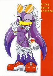 1girls anthro avian bandana bird breasts clothing comic eyewear female footwear furry_bomb furry_bomb_factory goggles hi_res jewelry karate_akabon mostly_clothed necklace nipples non-mammal_breasts pants pussy shoes simple_background solo sonic_(series) sonic_riders tagme underwear wave_the_swallow